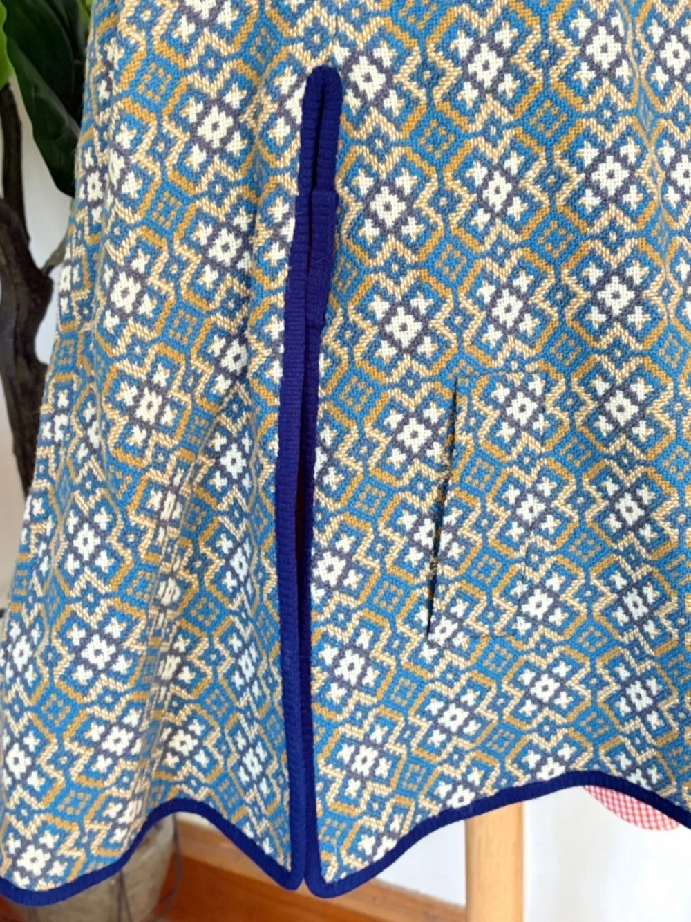 Vintage Welsh Wales Wool Tapestry Geometric Print Gold Blue White Asymmetric
